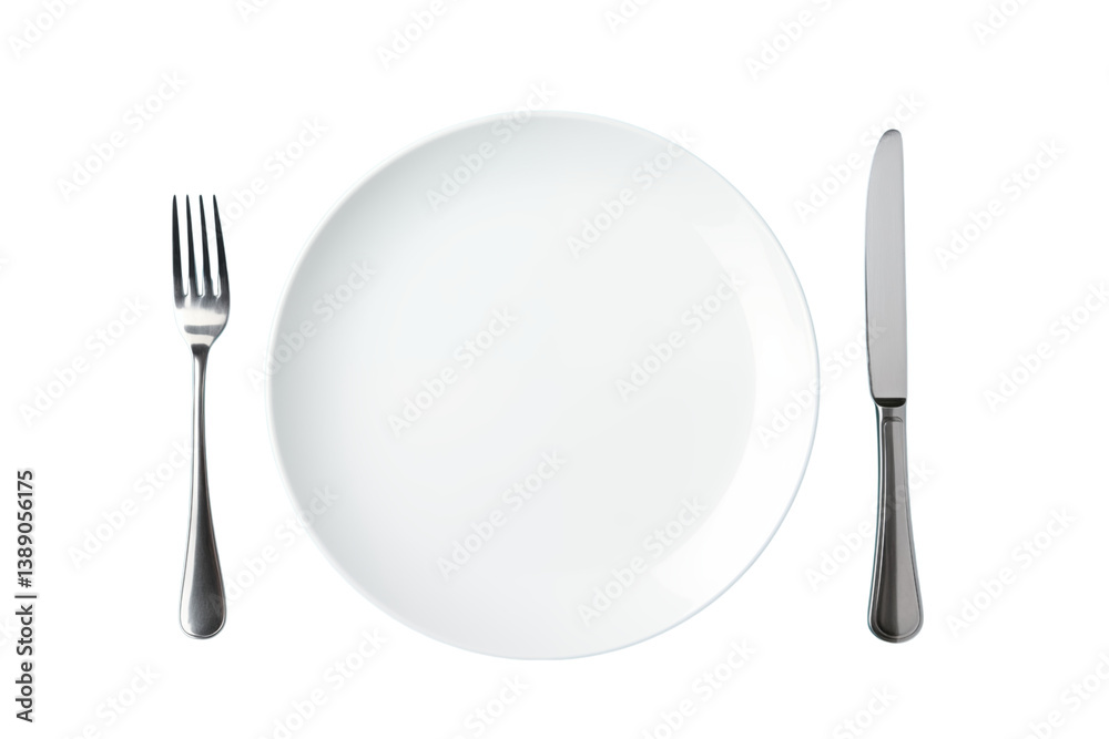 A simple place setting featuring a white plate with a fork and knife on a on transparent background A simple place setting featuring a white plate with a fork and knife on a on transparent background