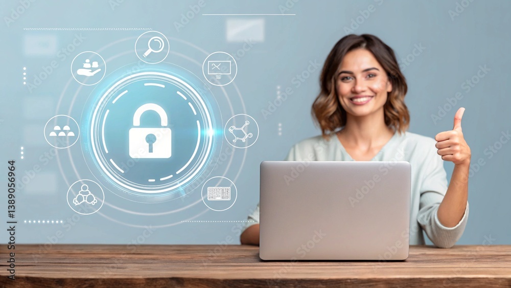 Woman giving thumbs-up with security interface. Positive tech interaction. Digital safety approval. Woman giving thumbs-up with security interface. Positive tech interaction. Digital safety approval.
