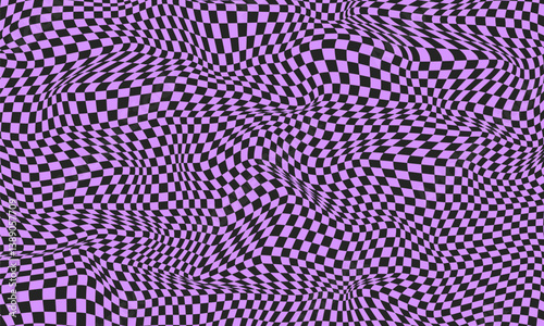 Violet checkered wavy pattern. Abstract design for banner. Chessboard surface with warped effect. Distorted geometric graphic background. Awry chess square pattern. Vector illustration