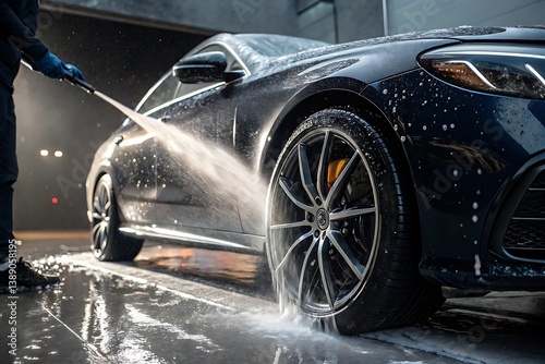 Creative and stylish Professional Car Wash Detailing of a Dark-Colored Luxury Sedan