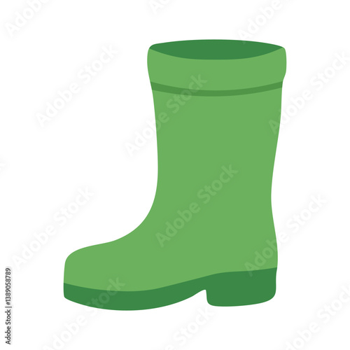 Cartoon green rubber boot in flat style. Ideal for spring gardening, rain and outdoor scenes.