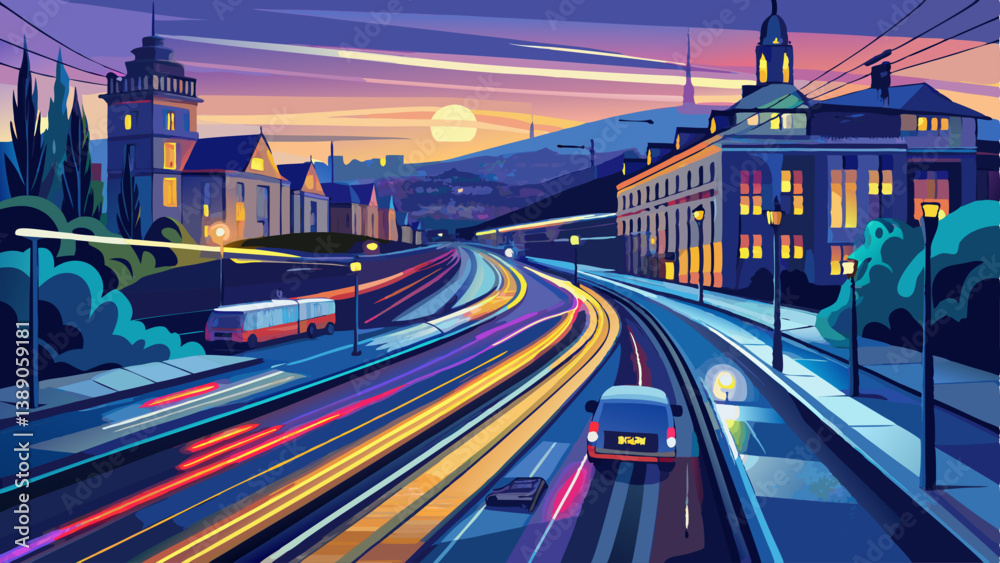 Fototapeta premium Germany, Baden-Wurttemberg, Stuttgart, Vehicle light trails alongBundesstrasse14 at dusk