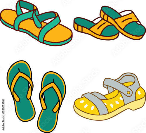  Colorful Summer Sandals Vector Set: Flip-flops and Strappy Styles