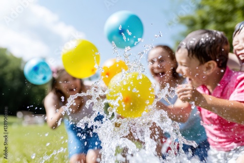 Family of four joyfully engaged in a playful water balloon fight during a sunny summer day in their backyard