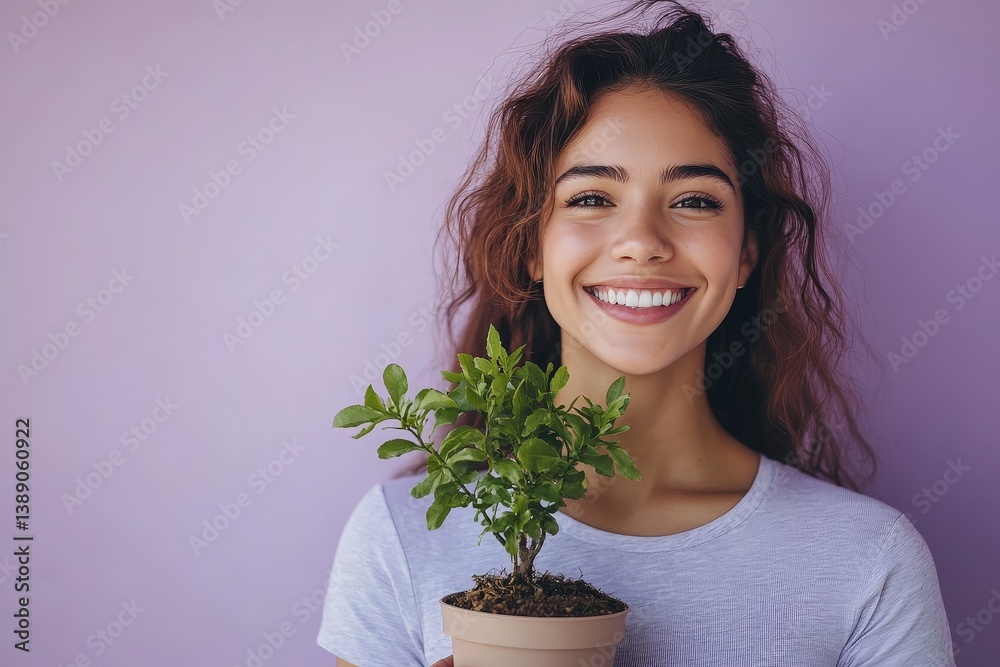 A Smiling Woman Holding a Small Plant Against a Purple Backdrop A Smiling Woman Holding a Small Plant Against a Purple Backdrop