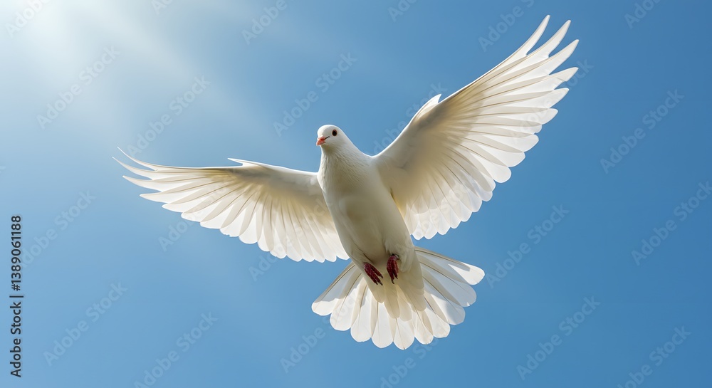 White dove mid-flight in blue sky White dove mid-flight in blue sky