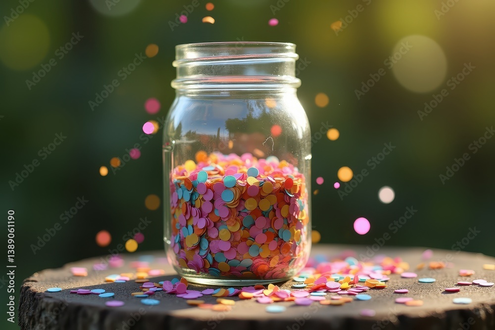 Colorful confetti jar on wooden stump with bokeh background Colorful confetti jar on wooden stump with bokeh background