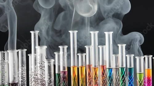 Colorful chemical reactions with smoky test tubes against a dark background