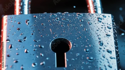 Close up of wet metal padlock with raindrops illuminated in low light setting
