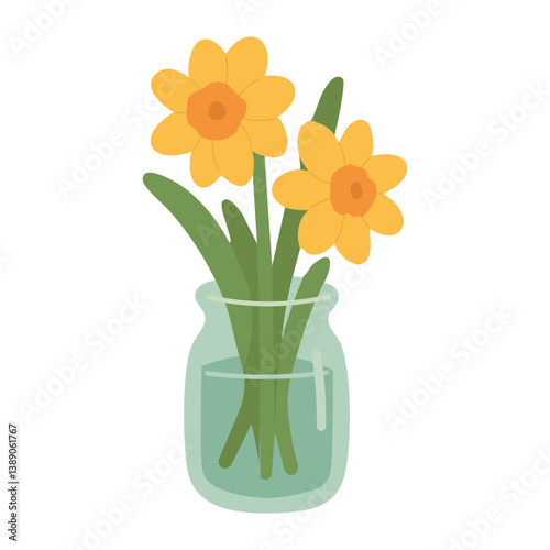 Two yellow daffodils in glass vase. Cute flat spring illustration for floral and seasonal designs.