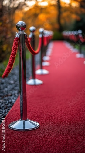 Elegant red carpet event with chrome stanchions and lush autumn backdrop for a prestigious occasion and celebration of success and achievement