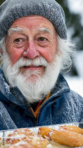 Elderly caucasian man enjoying winter outdoors with a tray of pastries in snowy setting