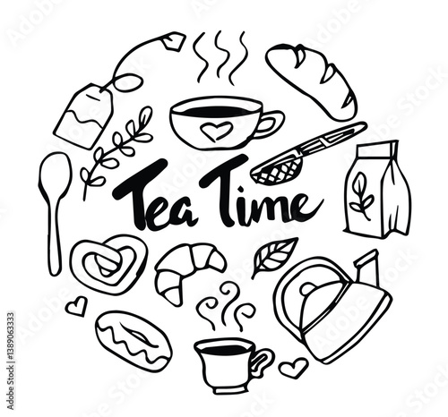 Hand drawn set of Tea time doodle icons. Teapots, cups, lemon and sweets in sketch style. Vector illustration isolated on white background 