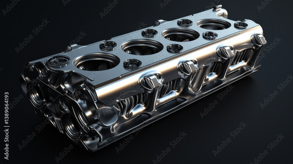 Automotive Precision: A detailed perspective showcasing the metallic, industrial allure of an engine cylinder head, meticulously crafted with bolts, studs, and other components. Automotive Precision: A detailed perspective showcasing the metallic, industrial allure of an engine cylinder head, meticulously crafted with bolts, studs, and other components.