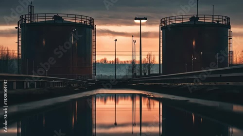 Industrial storage tanks at sunset with dramatic sky reflections