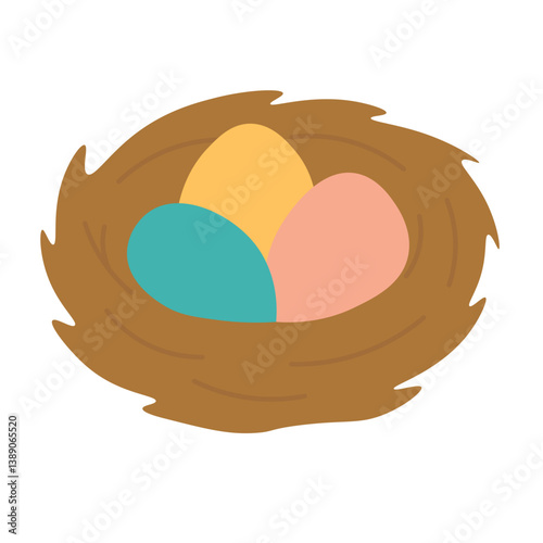 Cute bird nest with three colorful eggs. Hand-drawn spring and Easter season illustration.