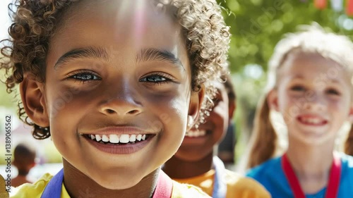Happy African child with friends celebrating summer outdoor play