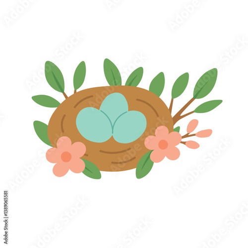 Cute floral bird nest with pastel blue eggs and spring leaves. Easter season vector clipart.