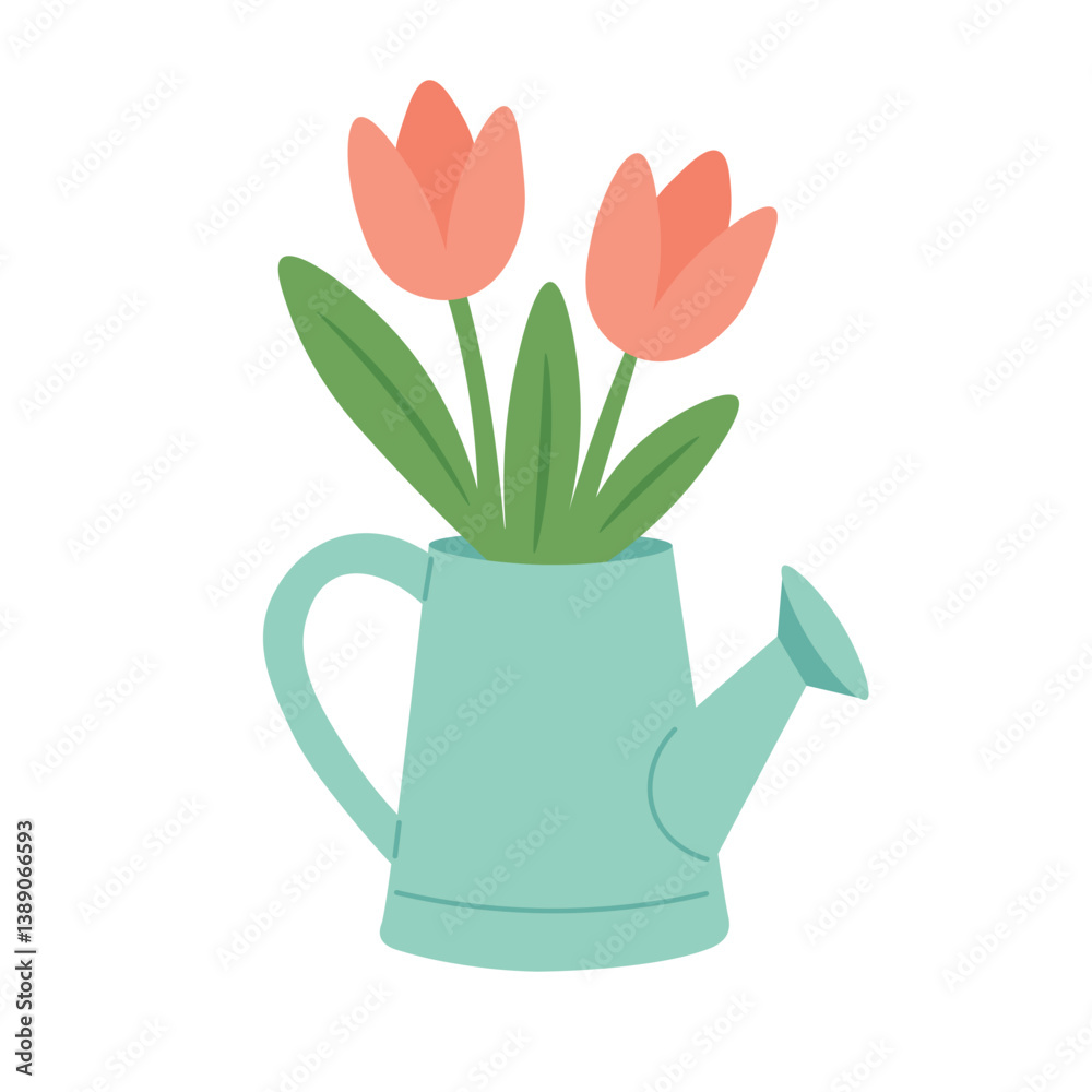 Obraz premium Cute spring watering can with blooming tulips and green leaves. Bright seasonal gardening decoration.