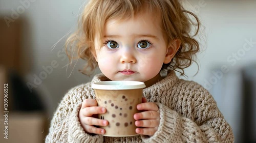 Young child enjoying a warm drink in a cozy knit sweater indoors