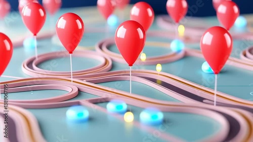 Abstract Scene with Red Balloons on Twisting Pink Paths and Blue Glowing Lights