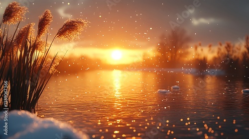 Serene sunset over a tranquil lake with golden grasses in the foreground and mountains in the background,Lakes are serene and vital features of the natural world, 