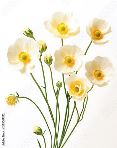Here metadata for image, following all rules provided White anemone arrangement showcases soft and elegant aesthetic, evoking sense of calm and serene beauty in its delicate simplicity
