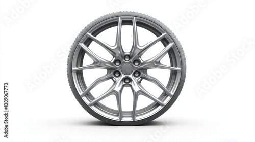 Wheel Rim: A close-up of a brand new, silver, modern car wheel rim on display, showcasing intricate design, smooth finish, perfect for vehicle advertising and automotive imagery.
