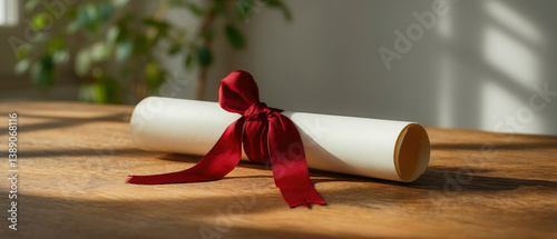 Graduation diploma certificate with red ribbon on a wooden table surface