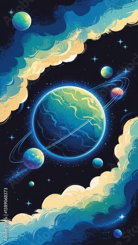 A mesmerizing cosmic space scene featuring distant planets surrounded by ethereal glowing light, evoking mystery and wonder in the vast universe. Perfect for sci-fi and fantasy themes. 