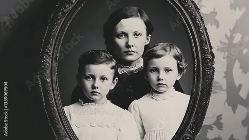 Caucasian woman and children in vintage portrait frame, early 20th century