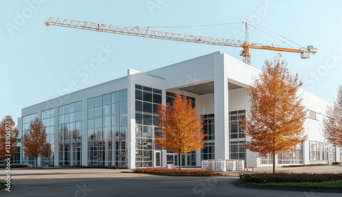 Modern building exterior with large glass windows and construction crane in background, surrounded by autumn trees showcasing vibrant orange leaves