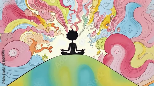 Young Black woman meditating on a hill surrounded by colorful abstract s and flowing energy
