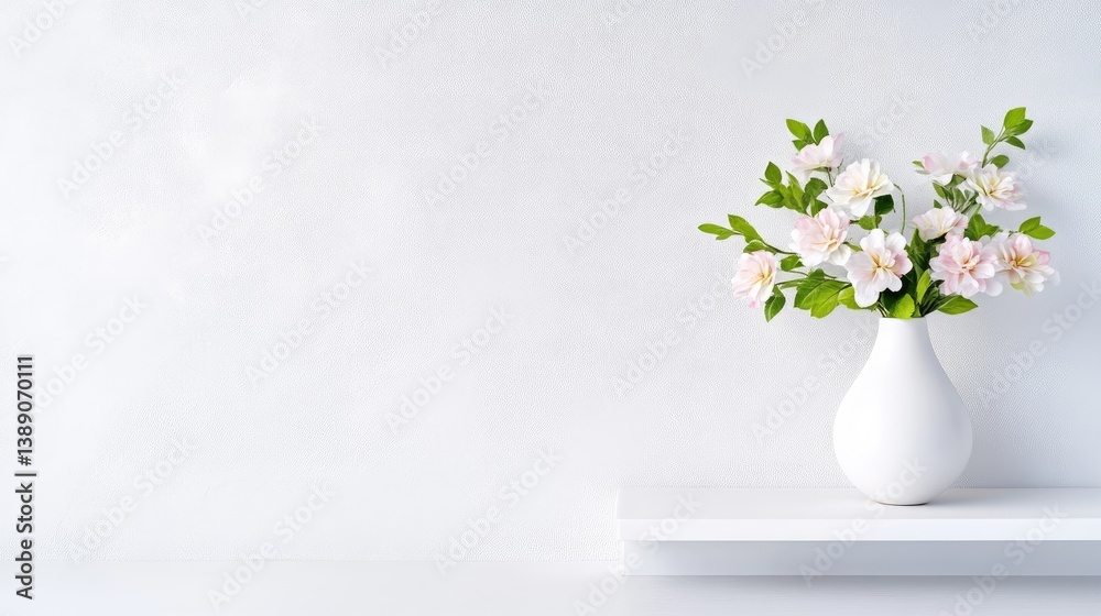 Fototapeta premium Simple floral arrangement on a shelf against a white wall