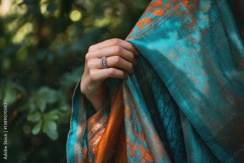 Fototapeta premium A woman's hand adorned with a ring, gently holding a teal and orange patterned fabric against a blurred green background.