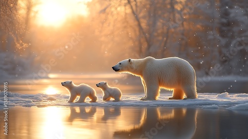 polar bear walking with its two adorable cubs through a snowy landscape, beautifully illuminated by the warm glow of a golden sunset, Polar Bear, Wildlife Photograph