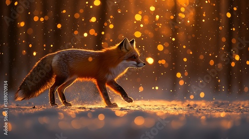 Winter fox in snowy forest, Fox in winter wonderland, Autumnal fox in golden sunlight 