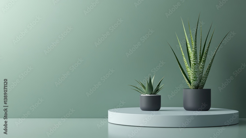 Fototapeta premium Minimalist plants on a round podium, muted green background, home decor