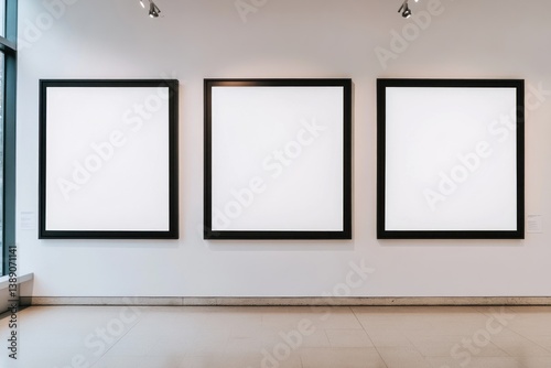 Three blank framed artworks hanging on a gallery white wall space