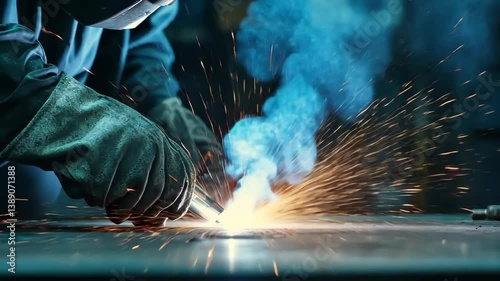 Adult welding metal with precision and expertise, sparks and smoke illuminating the industrial workspace