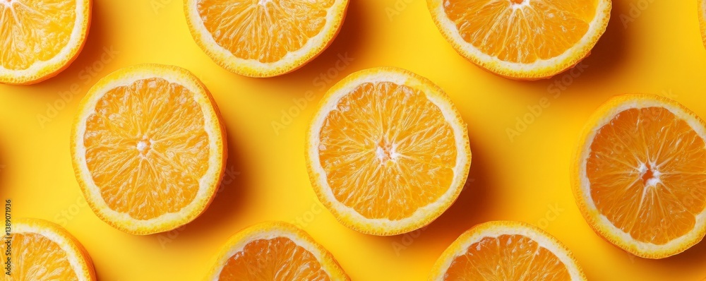 Sliced oranges on a vibrant yellow background. Sliced oranges on a vibrant yellow background.