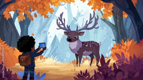 Young African child ing a deer in a vibrant autumn forest, surrounded by colorful foliage and natural beauty