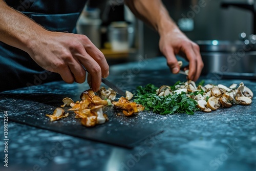 Chef preparing sliced mushrooms and herbs for a culinary creation.