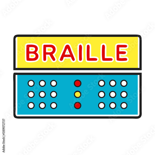 Braille sign for people with disabilities in bright colors with bold lettering.