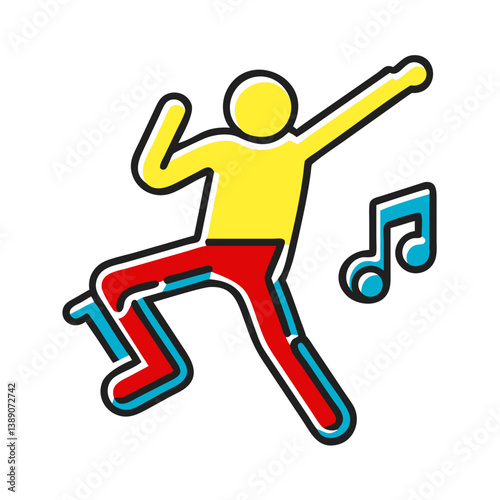Dancing person with prosthetic limb in bright colors celebrating joy and inclusion.