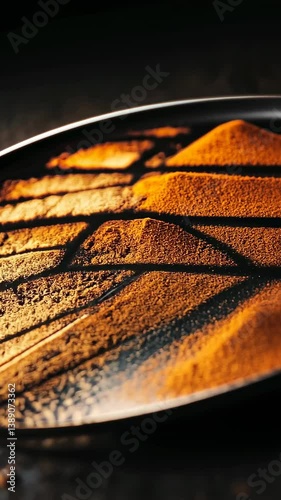 Artistic Arrangement of Golden Spices on a Black Plate with Intricate s and Play of Light