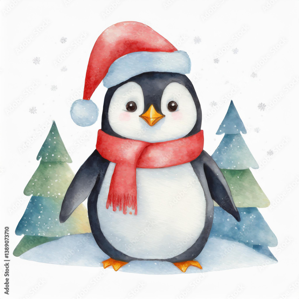 Fototapeta premium Watercolor Illustration of Christmas Penguin, Isolated on White Background