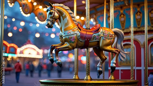 Vintage carousel horse ride at the amusement park with colorful lights and a nostalgic atmosphere.

