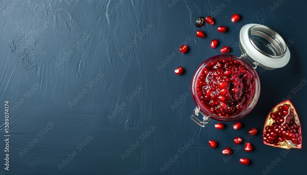 Fototapeta premium Top view of pomegranate jam in glass jar with loose seeds on dark background with copy space
