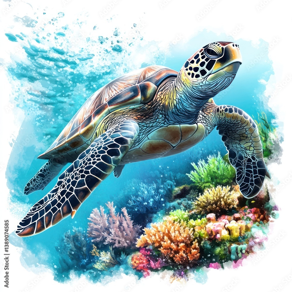 Fototapeta premium A beautiful sea turtle swims gracefully through vibrant ocean waters